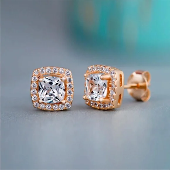 New Square Cut Rose Gold Plated Diamond Earrings - Picture 1 of 1